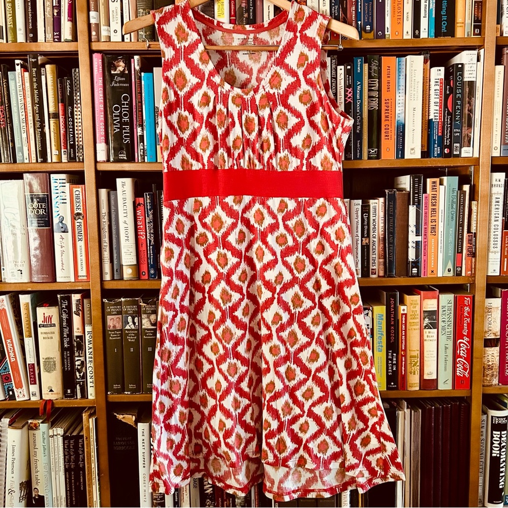 Exofficio Red Peacock Feather Design Dri-Release Sleeveless Dress, Size Large